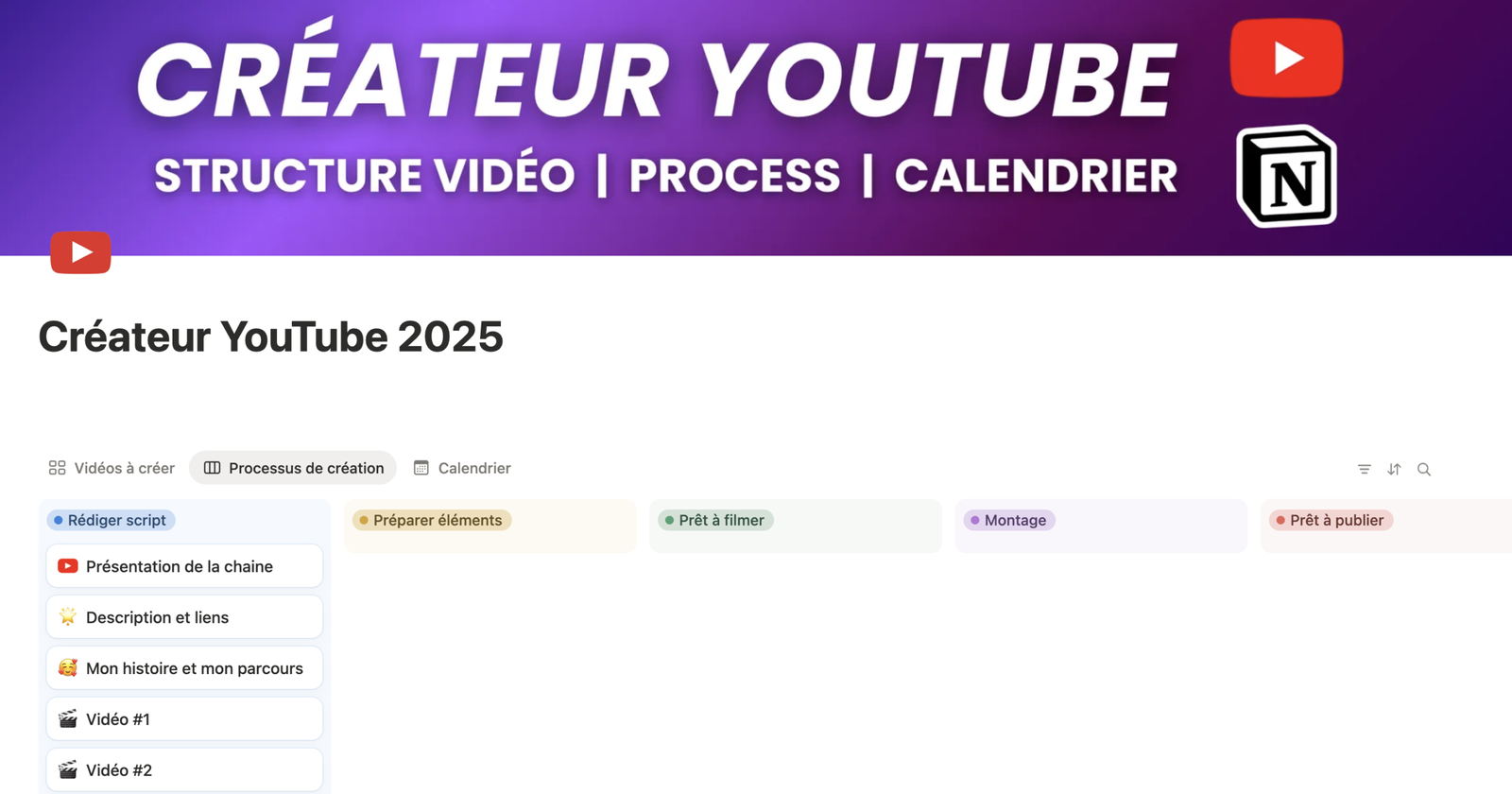 Créateur YouTube pour Notion - Vue processus de création